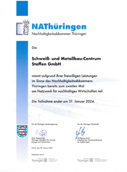 SMC Steffen GmbH - Zertifikat zum Nachhaltigkeitsabkommens Thüringen