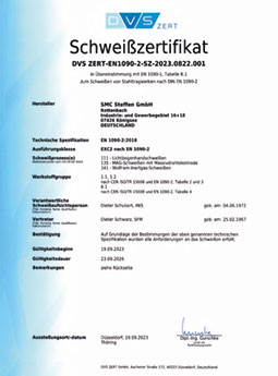 Schweiß- und Metallbau-Centrum Steffen GmbH - Schweißzertifikat 1090-2 IFW